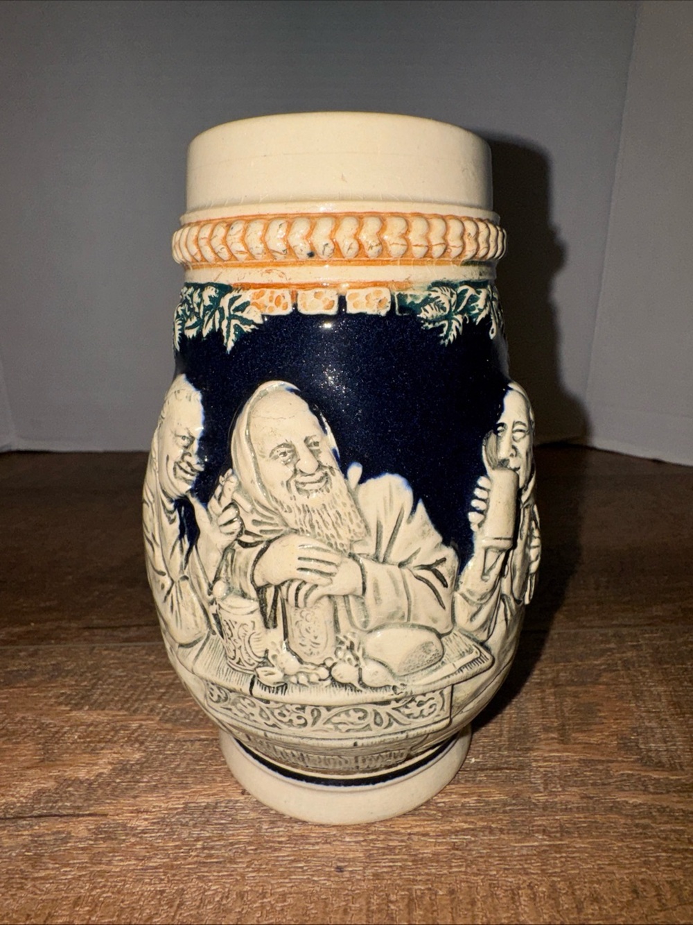 Vintage Western Germany Ceramic Beer Stein Tavern Scene Cobalt Blue 6”